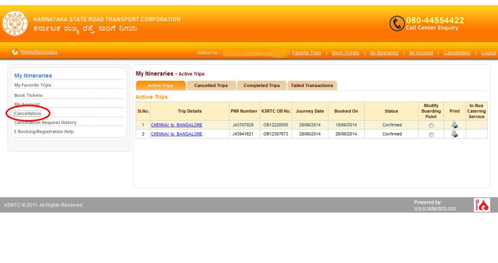 KSRTC ticket fill cancellation